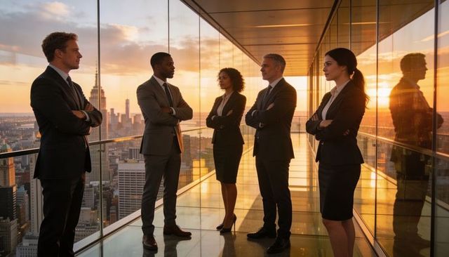 Executive leadership team standing with crossed arms in glass tower overlooking skyline at sunset
