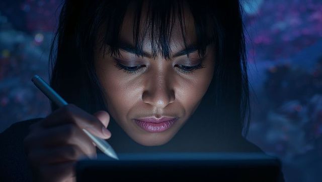 Focused designer working on digital tablet with stylus in home studio