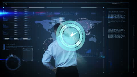 Tech-Focused Businessman Analyzing Digital Data on Global Interface