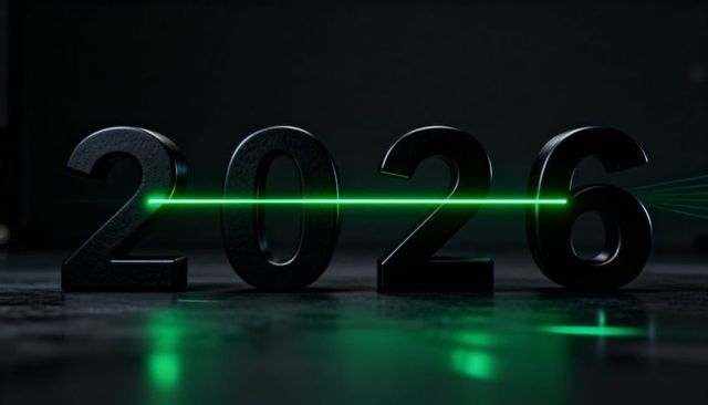 2026 numerals sliced by green laser beam on reflective dark floor, futuristic neon concept