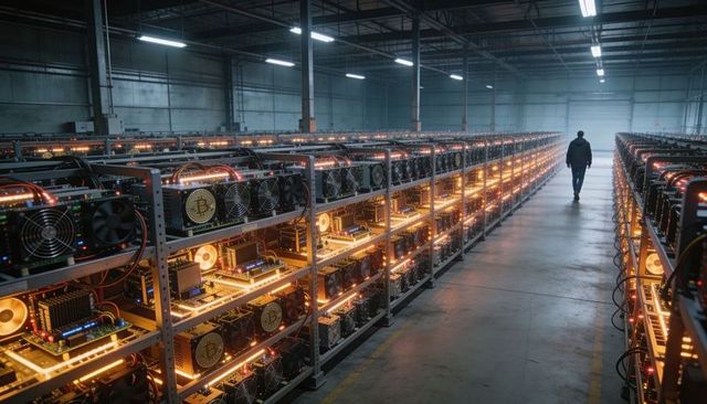 Technician walking through crypto mining farm with gpu and asic racks lit by amber led strips