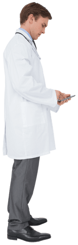 Transparent side view of doctor using tablet for work