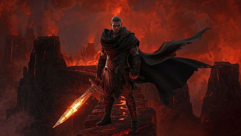 Warrior with flaming sword on lava bridge in fiery fantasy landscape