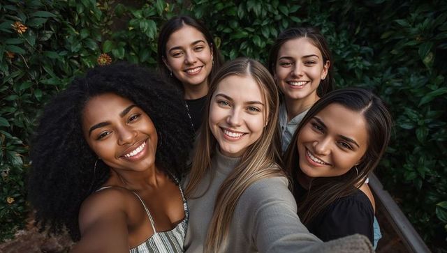 Smiling diverse women taking outdoor selfie, friends enjoying backyard gathering