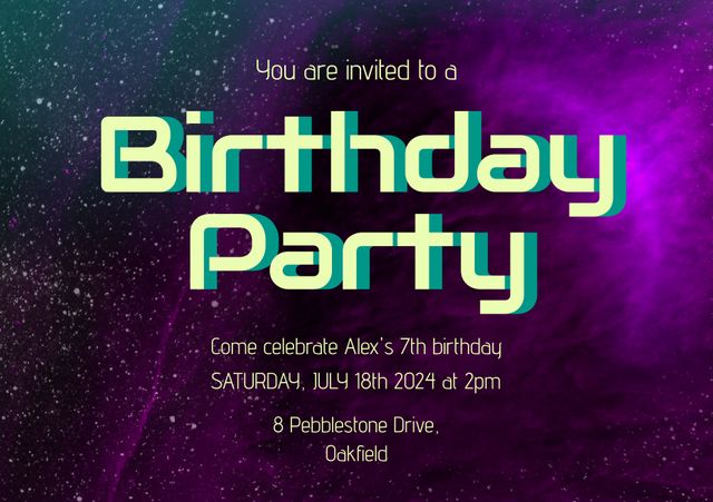 Cosmic-themed birthday party invitation with neon colors. Text inviting to a 7th birthday celebration on a galactic, starry background with purple hues. A great choice for space-themed or futuristic kid's birthday parties. Perfect for digital and print invitations.