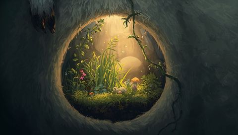 Enchanted moss hollow glowing with sunbeam, orange-capped mushrooms and winding vine