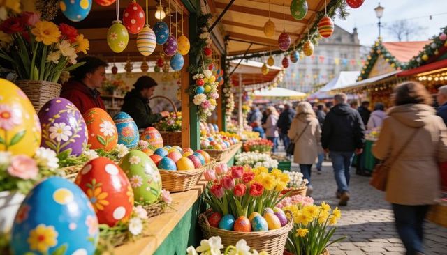 Colorful Easter Market Stall with Handpainted Eggs and Spring Flowers on Busy Street