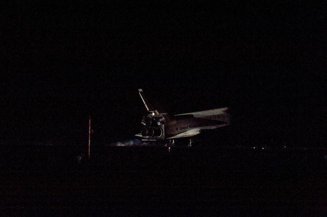 CAPE CANAVERAL, Fla. -- Space shuttle Endeavour rolls to a stop on the Shuttle Landing Facility's Runway 15 at NASA's Kennedy Space Center in Florida for the final time. Main gear touchdown was at 2:34:51 a.m. EDT, followed by nose gear touchdown at 2:35:04 a.m., and wheelstop at 2:35:36 a.m. On board are STS-134 Commander Mark Kelly, Pilot Greg H. Johnson, and Mission Specialists Mike Fincke, Drew Feustel, Greg Chamitoff and the European Space Agency's Roberto Vittori.    STS-134 delivered the Alpha Magnetic Spectrometer-2 (AMS) and the Express Logistics Carrier-3 (ELC-3) to the International Space Station. AMS will help researchers understand the origin of the universe and search for evidence of dark matter, strange matter and antimatter from the station. ELC-3 carried spare parts that will sustain station operations once the shuttles are retired from service. STS-134 was the 25th and final flight for Endeavour, which has spent 299 days in space, orbited Earth 4,671 times and traveled 122,883,151 miles. Photo credit: NASA/Kevin O'Connell