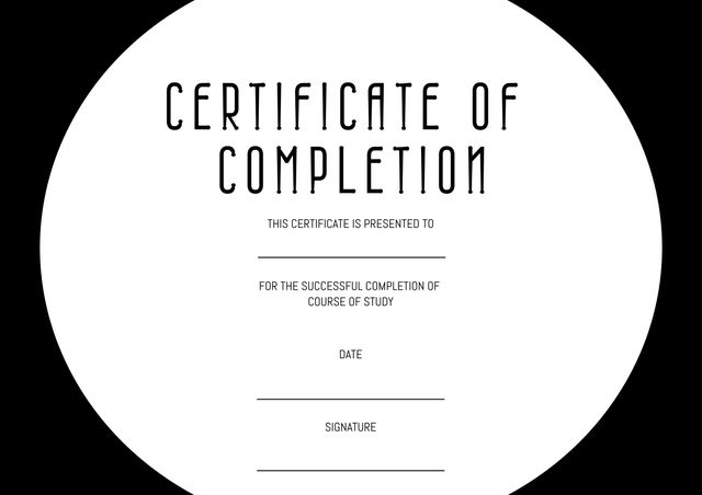 Minimalist certificate of completion with spaces for name, date, and signature. Perfect for educational institutions, workshops, training programs, and online courses to recognize achievements in a clean and professional manner.
