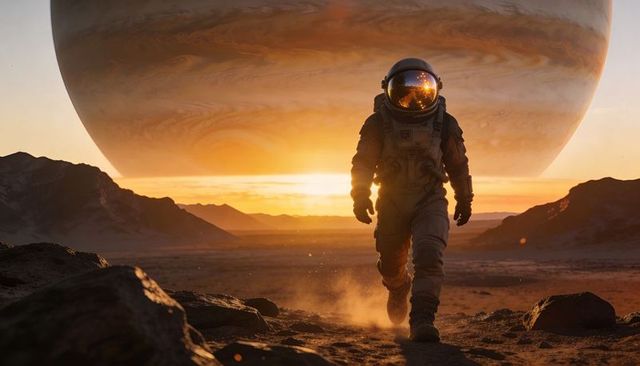 Walking astronaut crossing alien desert at sunset with epic giant ringed planet looming