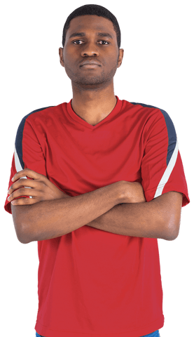 Confident football fan in red sporty t-shirt on transparent background