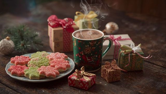 Festive hot chocolate and cookies with wrapped gifts