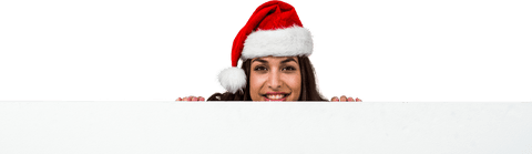 Smiling Woman in Santa Hat Behind Transparent Banner