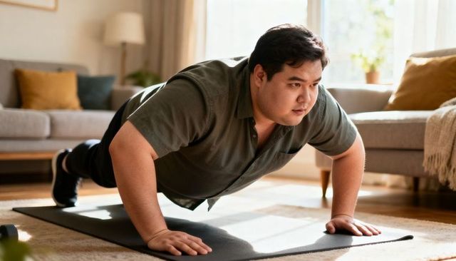 Doing push-ups on mat in cozy sunlit living room for home workout and fitness focus