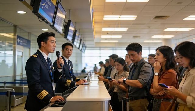 Asian pilot speaking into microphone at boarding gate while passengers waiting and checking phones