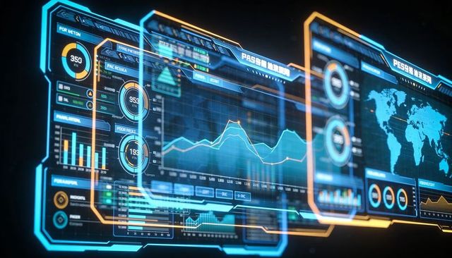 Futuristic holographic analytics dashboard displaying real-time charts, gauges, world map