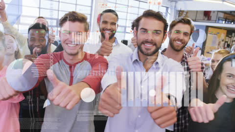 Diverse Team Giving Thumbs Up with Digital Data Overlay
