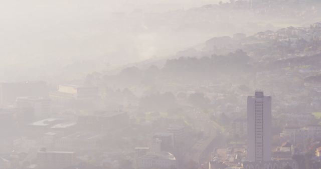 Urban landscape covered in a thick layer of smog obscures the details of buildings and streets, highlighting environmental issues. Ideal for use in articles or campaigns about air pollution, climate change, and urbanization. Can also be used to visualize the challenges of maintaining air quality in densely populated cities.