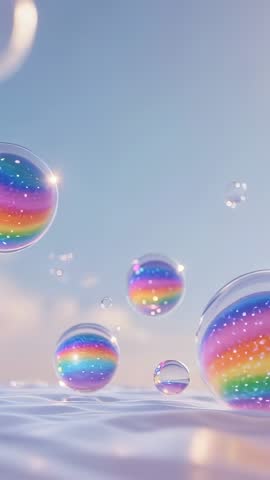 Soaring Rainbow Bubbles Floating Above Calm Water | Shimmering Abstract Vertical Video