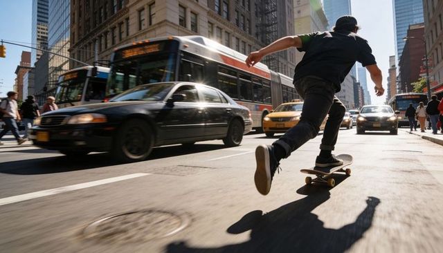 Skateboarder pushing through busy city street past taxi and bus, urban motion energy
