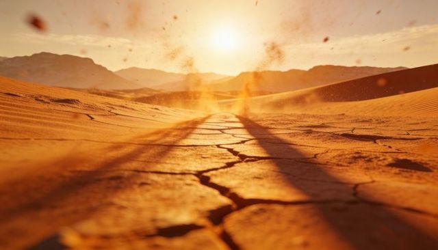 Sun casting long shadows over cracked desert plain with leading fissure and sandblown dunes