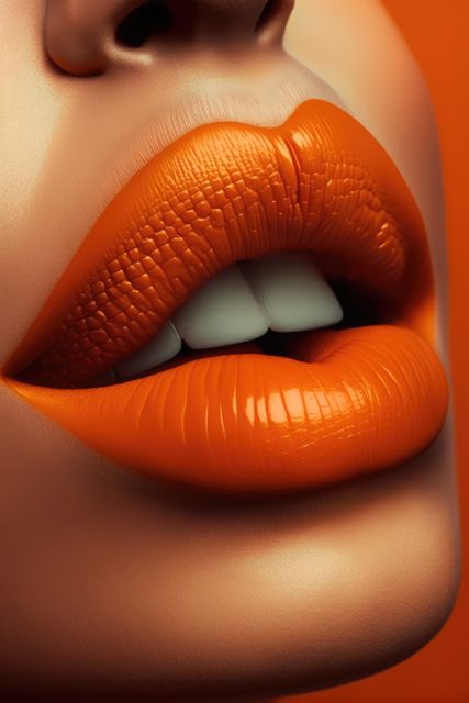 Close-up showing woman's lips wearing bright orange lipstick, highlighting texture and shine. This image can be used for beauty and fashion advertisements, cosmetics promotions, or makeup tutorials. Ideal for social media posts, website banners, or print campaigns aimed at showcasing bold and vibrant color choices.