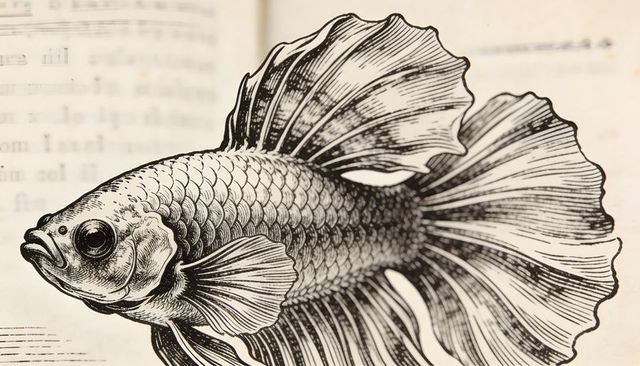 Swimming engraved betta crossing aged music manuscript, vintage etching ornamental art