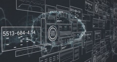 Displaying central data panels and wireframe cloud path on futuristic 3d analytics grid