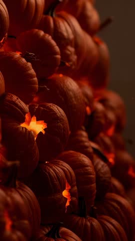 Pulsing Orange Glow Inside Stacked Carved Pumpkins Vertical Loop for Halloween Display