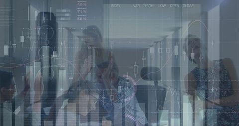 Financial data analysis with celebrating corporate team