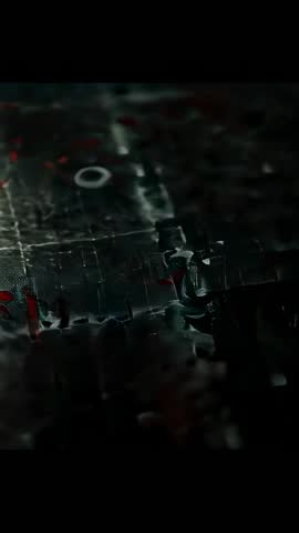 Tilting camera inspecting PCB panel with through hole, traces, droplets and reflections