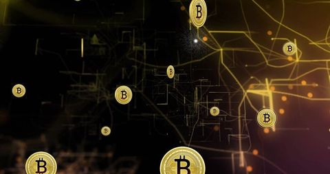 Bitcoin icons floating over complex digital network background