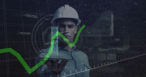 Engineer holding holographic building model with rising green data graph in ar interface