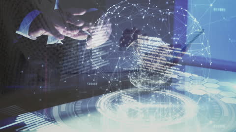 Hands Interacting with Digital Data Network Hologram