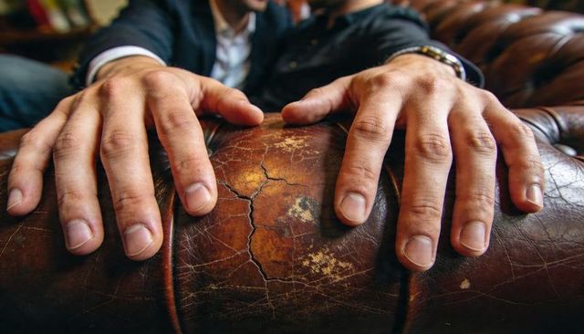 Male hands pressing on worn cracked leather armrest showing patina and texture