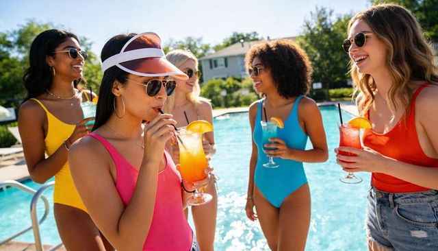 Friends laughing and holding colorful cocktails by poolside in swimwear and denim shorts