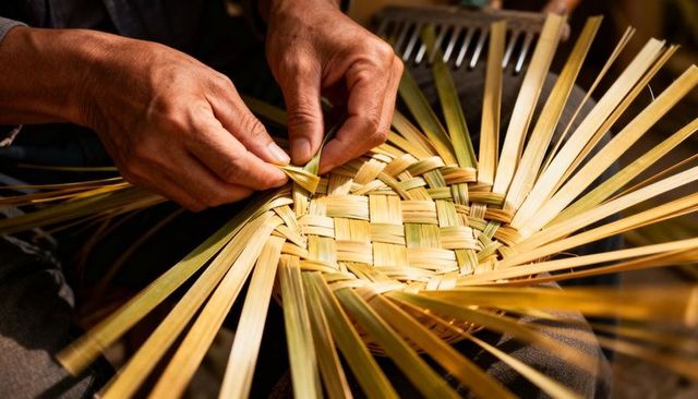 Weaving palm basket by skilled artisan hands crafting circular reed mat close-up