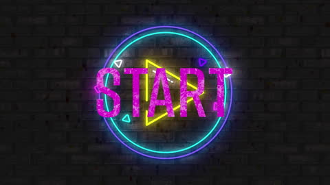 Neon Start Text with Play Icon on Brick Wall