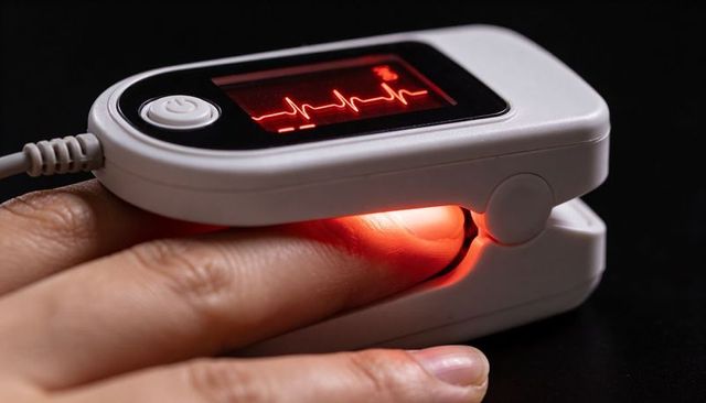 Fingertip pulse oximeter showing red led heartbeat waveform on dark tabletop closeup