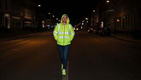 Walking man wearing neon reflective jacket on centerline of quiet urban street at night