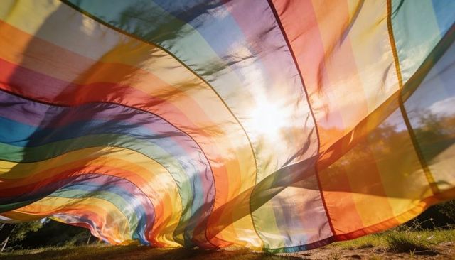 Backlit translucent rainbow flag windblown and billowing over grass with sun flare and vibrant hues
