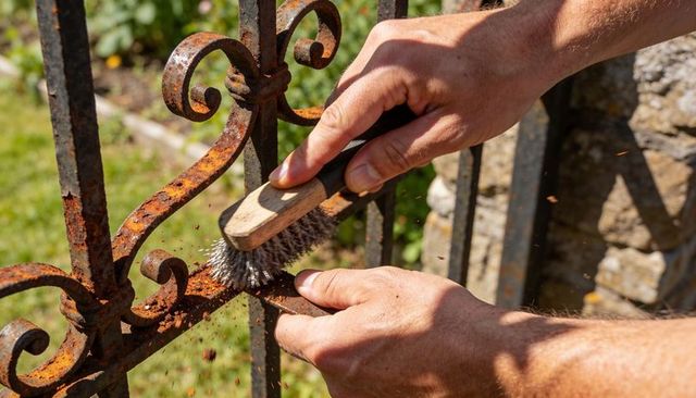 Hands scrubbing rusted ornamental iron gate with wire brush removing corrosion