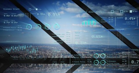 Futuristic financial data concept in urban skyline