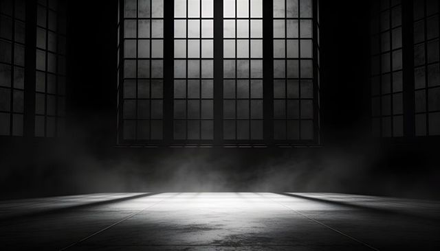 Empty Industrial Hall Casting Dramatic Window Light Beams Over Misty Tiled Floor