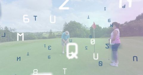 Senior man putting on scenic golf green while partner watches near flagstick