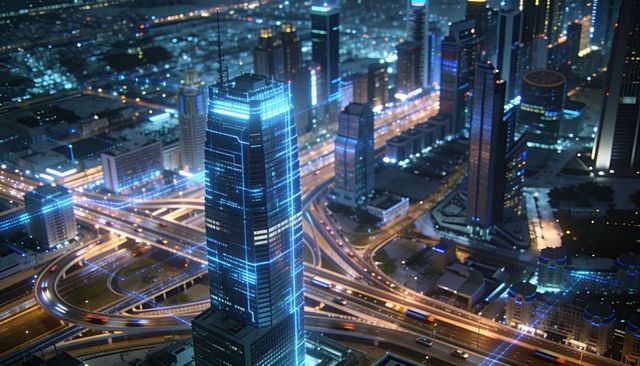 Neon-lined skyscraper anchoring futuristic downtown with rushing amber light trails