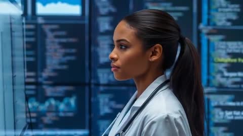 Clinician Analyzing Medical Data on Futuristic Screens