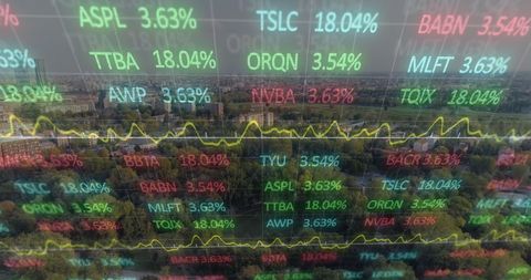 Overlay of Financial Data & Social Media Icons on Cityscape