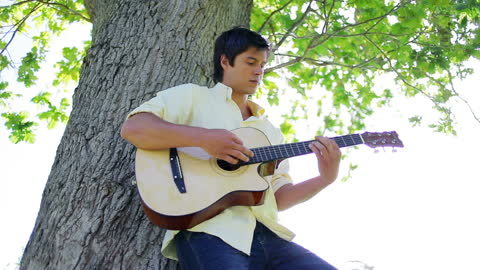 Man Playing Acoustic Guitar Under Tree
