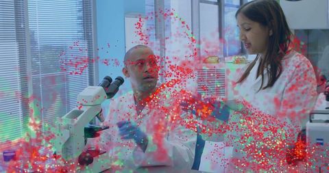 Scientists analyzing lab samples with digital overlay technology